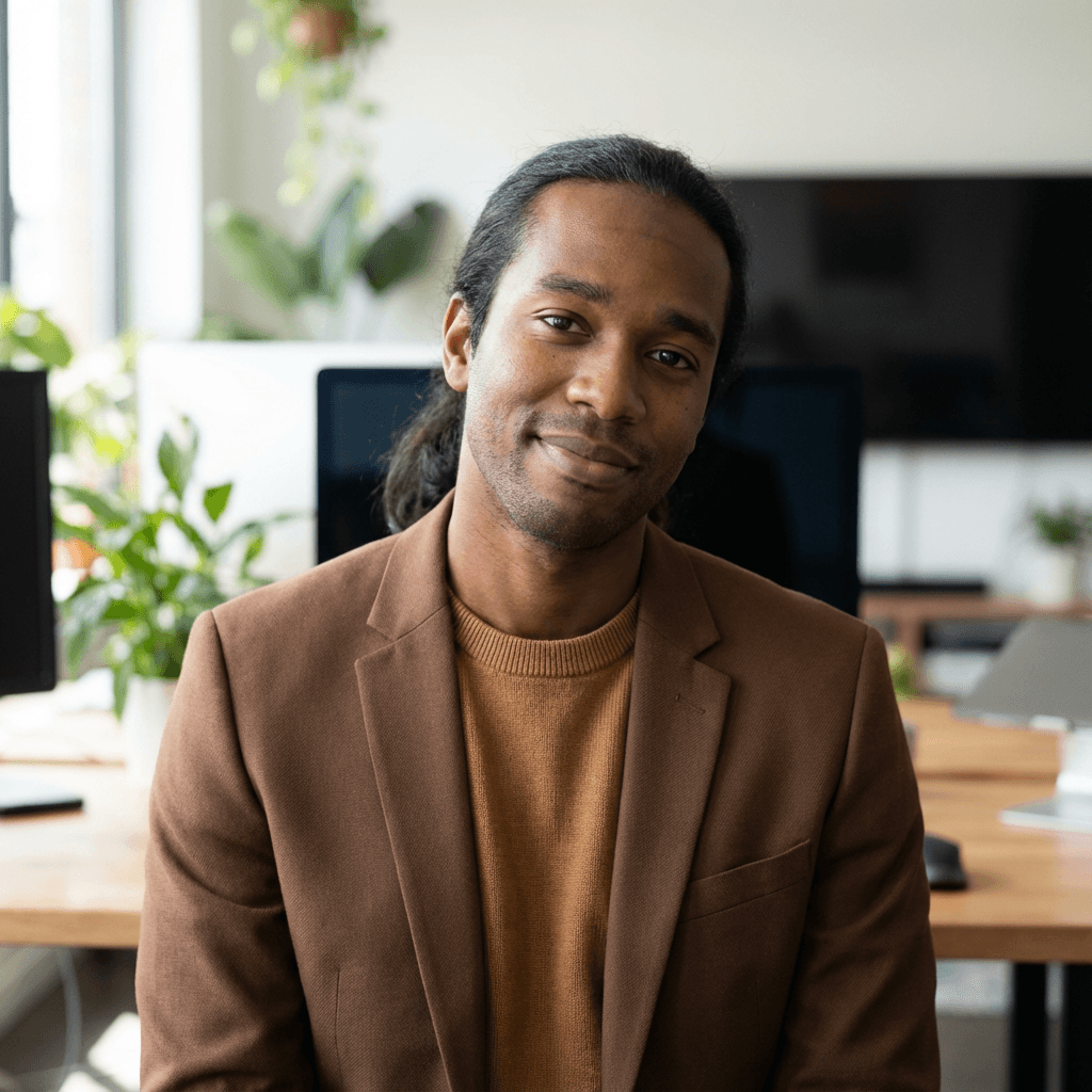 Darius Cole, manufacturing founder, looking confident in a modern office
