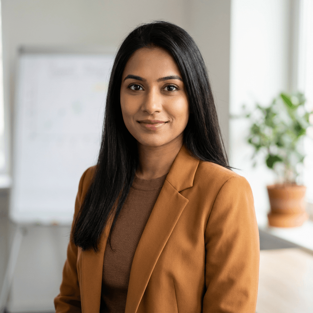 Chelsea Nguyen, satisfied consulting client, smiling in a professional business setting