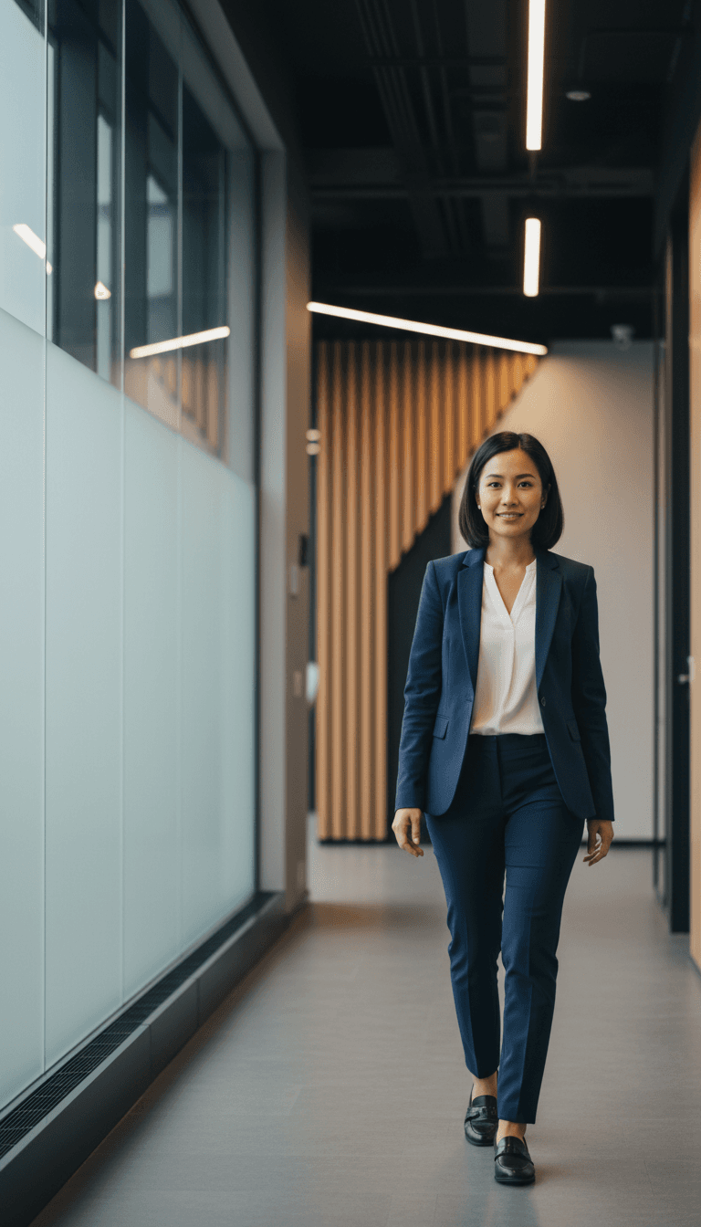 Professional walking through an office with confidence