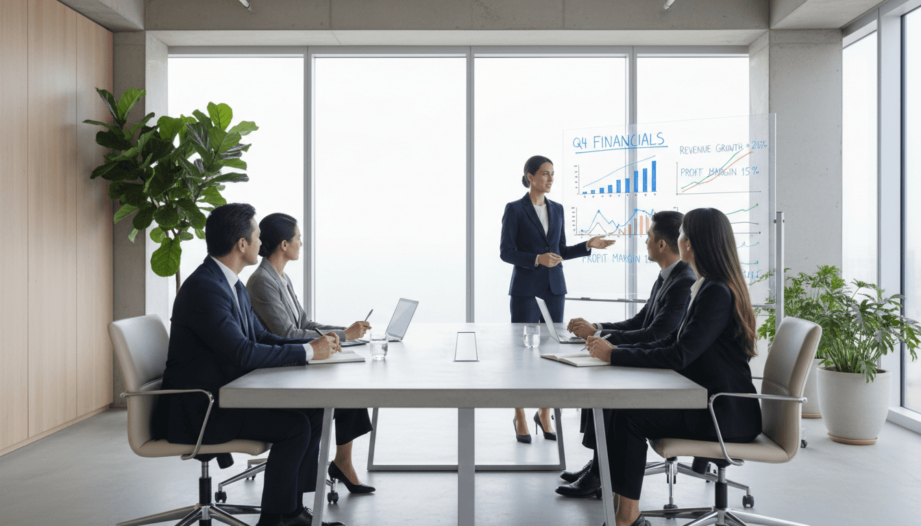 Professionals in a strategy meeting with growth charts