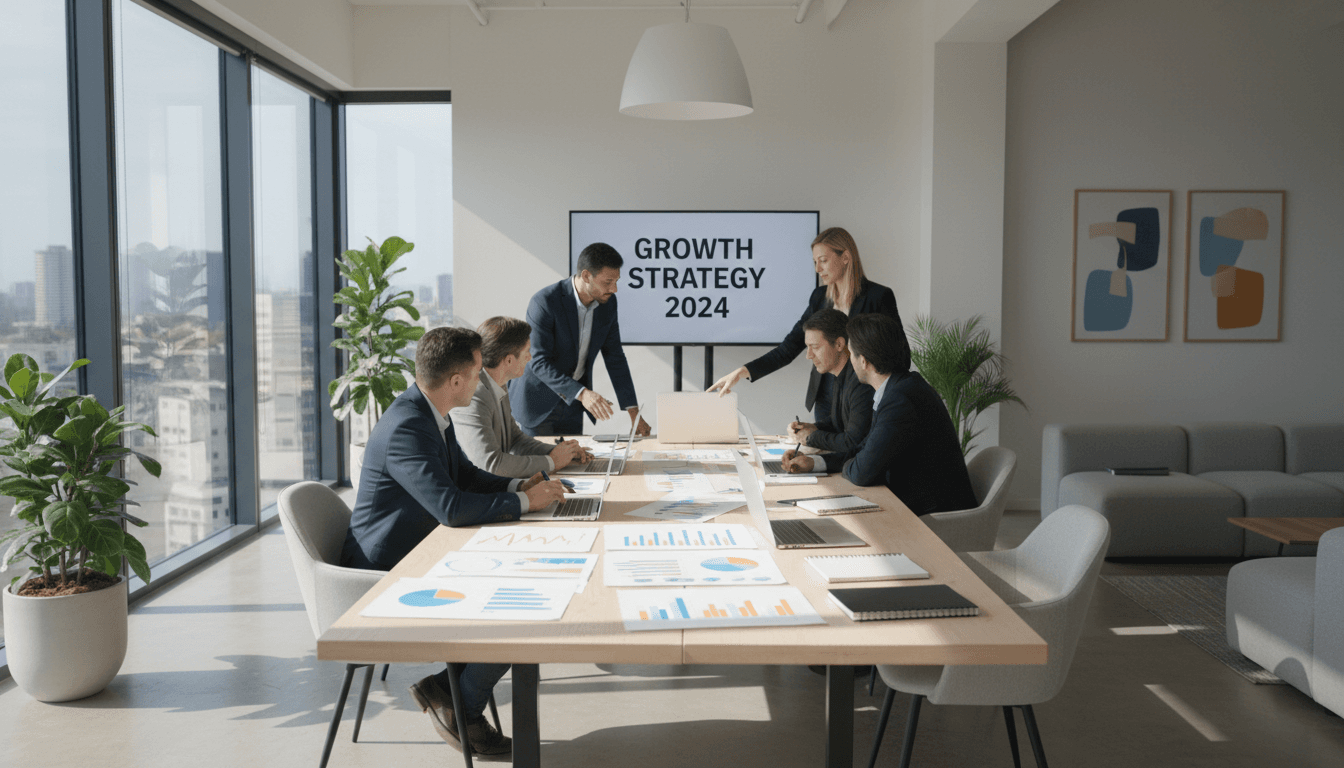 Marketing team reviewing strategy documents together