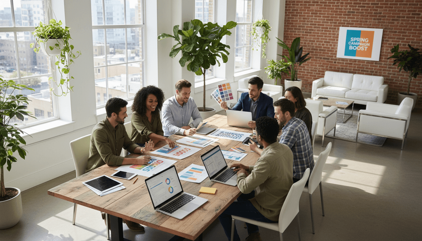 Marketing team collaborating around a table with strategy documents