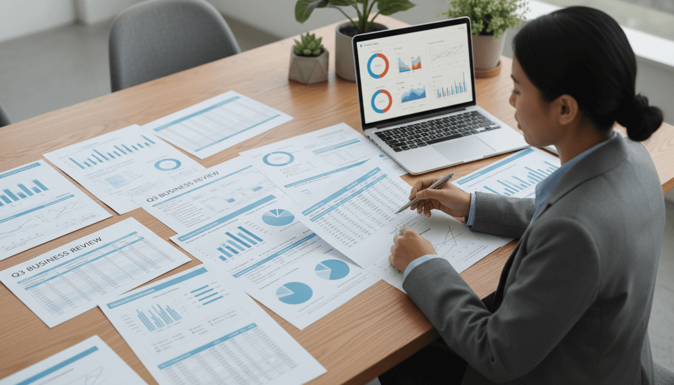 Business analyst reviewing growth charts and performance reports on a laptop
