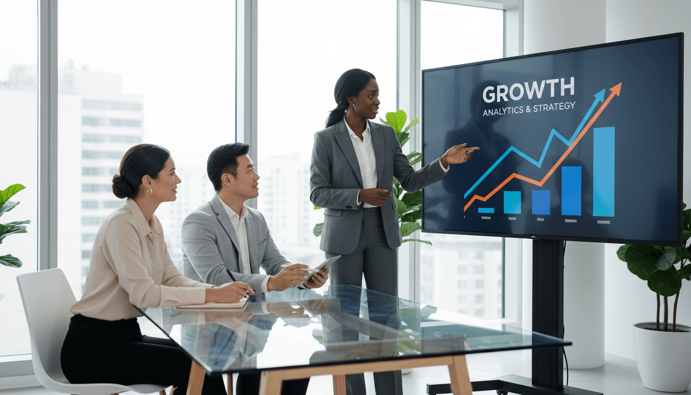 Marketing consultant presenting a strategy to a business team in a modern office
